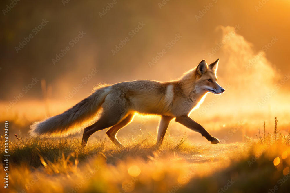 Fototapeta premium beige fox trotting through morning mist, illuminated by warm glow of sunrise. serene atmosphere captures beauty of nature and elegance of wildlife