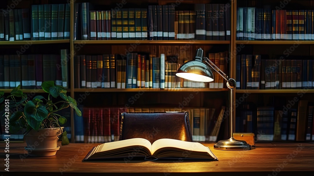Fototapeta premium A cozy reading space featuring an open book and a desk lamp, set against a backdrop of well-stocked bookshelves.