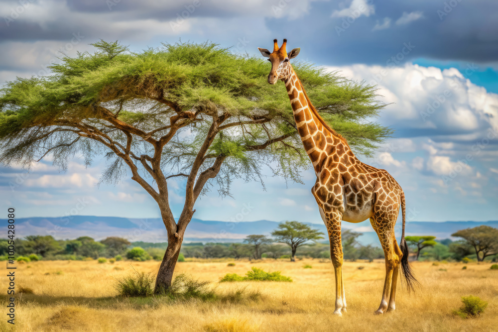 Obraz premium majestic giraffe stands tall near acacia tree, showcasing its unique patterns against stunning backdrop of blue skies and distant hills. serene landscape evokes sense of tranquility and wonder