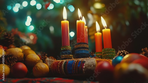 Burning advent candles with christmas tree lights in background photo