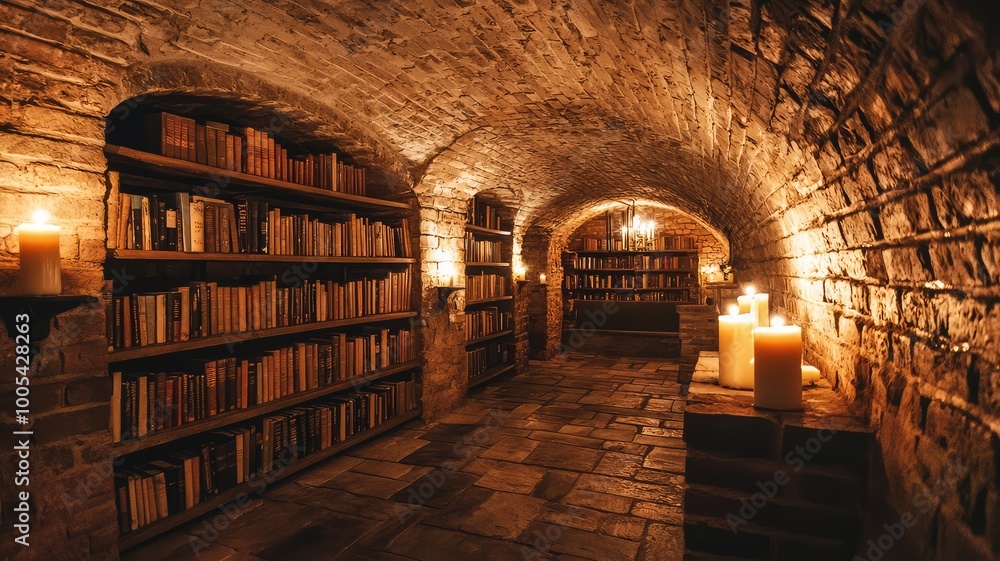 A cozy underground library with stone walls, wooden shelves filled with books, and flickering candles creating a warm ambiance. A cozy underground library with stone walls, wooden shelves filled with books, and flickering candles creating a warm ambiance.