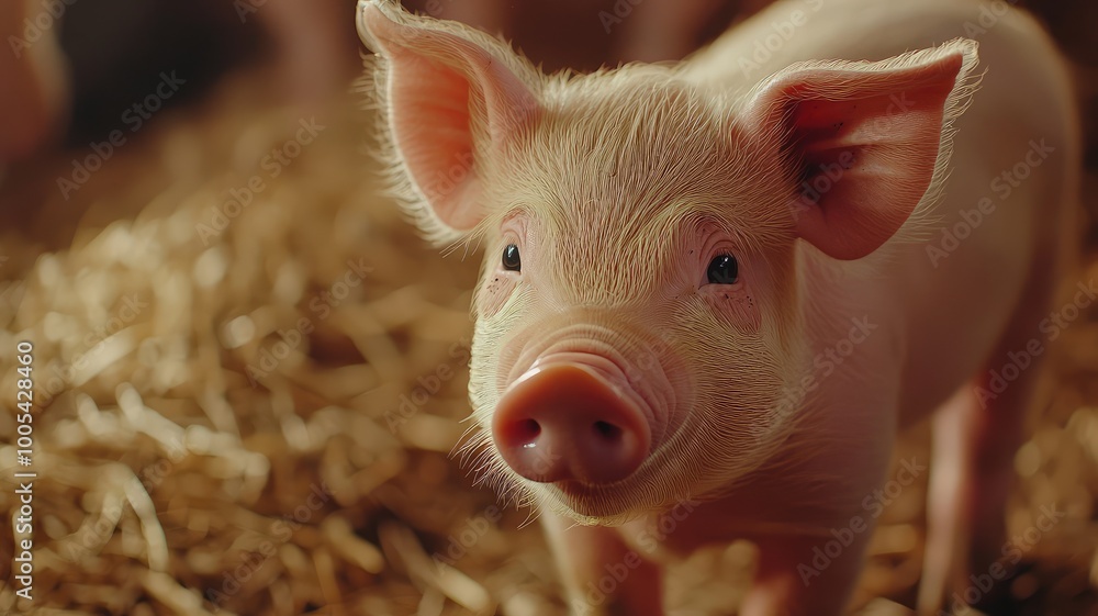 A cute piglet looking curiously at the camera, surrounded by straw in a warm barn setting, embodying innocence and farm life. A cute piglet looking curiously at the camera, surrounded by straw in a warm barn setting, embodying innocence and farm life.
