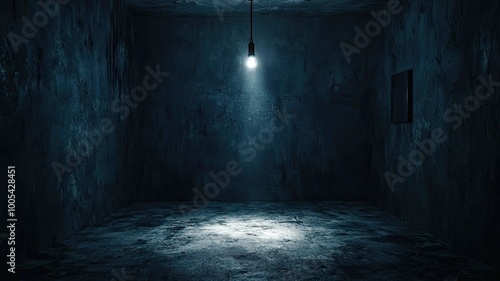 A dark, abandoned room illuminated by a single hanging light, evoking a sense of mystery and isolation.