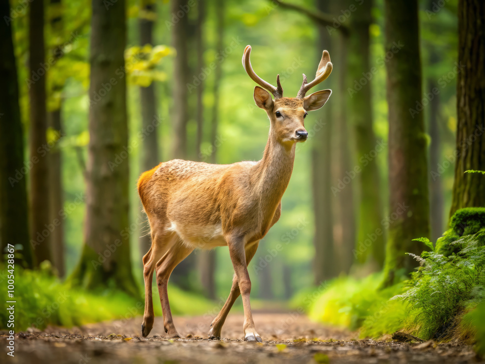 graceful deer walks through serene forest, surrounded by lush greenery and tall trees. peaceful atmosphere highlights beauty of nature and wildlife graceful deer walks through serene forest, surrounded by lush greenery and tall trees. peaceful atmosphere highlights beauty of nature and wildlife