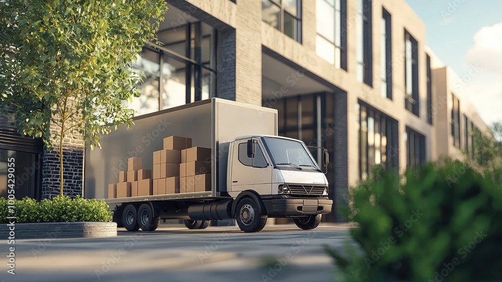 A delivery truck parked outside a modern building, showcasing boxes ready for distribution in an urban environment. A delivery truck parked outside a modern building, showcasing boxes ready for distribution in an urban environment.
