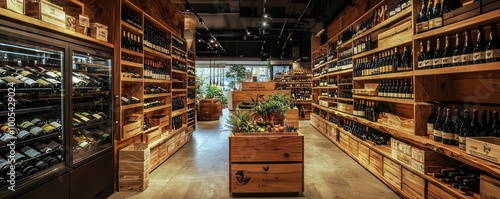 An eco-conscious wine shop with a focus on organic and biodynamic wines, shelving made from recycled wood, and energy-efficient cooling photo