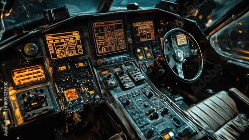 A detailed view of a futuristic cockpit filled with glowing controls, gauges, and sleek design elements, showcasing advanced technology.