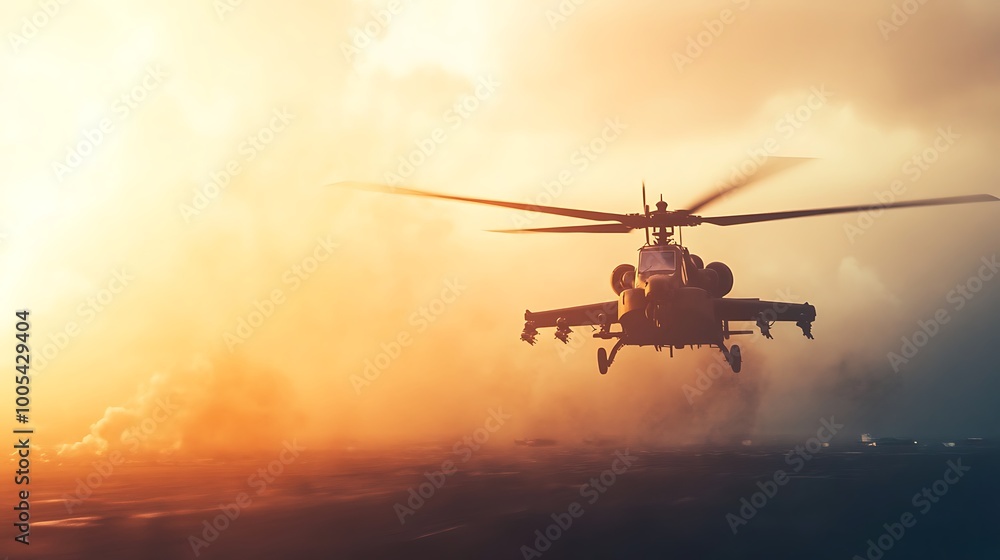 Apache Helicopter Taking Off Against a Fiery Sunset Apache Helicopter Taking Off Against a Fiery Sunset