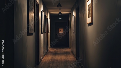 A dimly lit corridor featuring framed art on the walls, evoking a mysterious and inviting atmosphere.