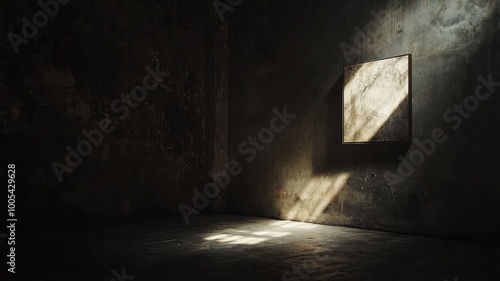 A dimly lit room with a single beam of light illuminating a textured wall and a blank canvas, evoking mystery and solitude.