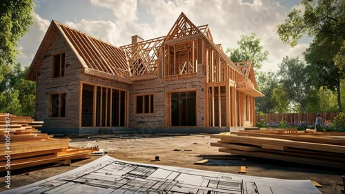 A new house is under construction on a sunny day