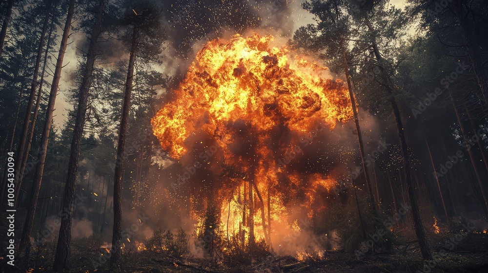 A dramatic explosion engulfing trees in a forest, showcasing the raw power of nature and fire's destructive force. A dramatic explosion engulfing trees in a forest, showcasing the raw power of nature and fire's destructive force.