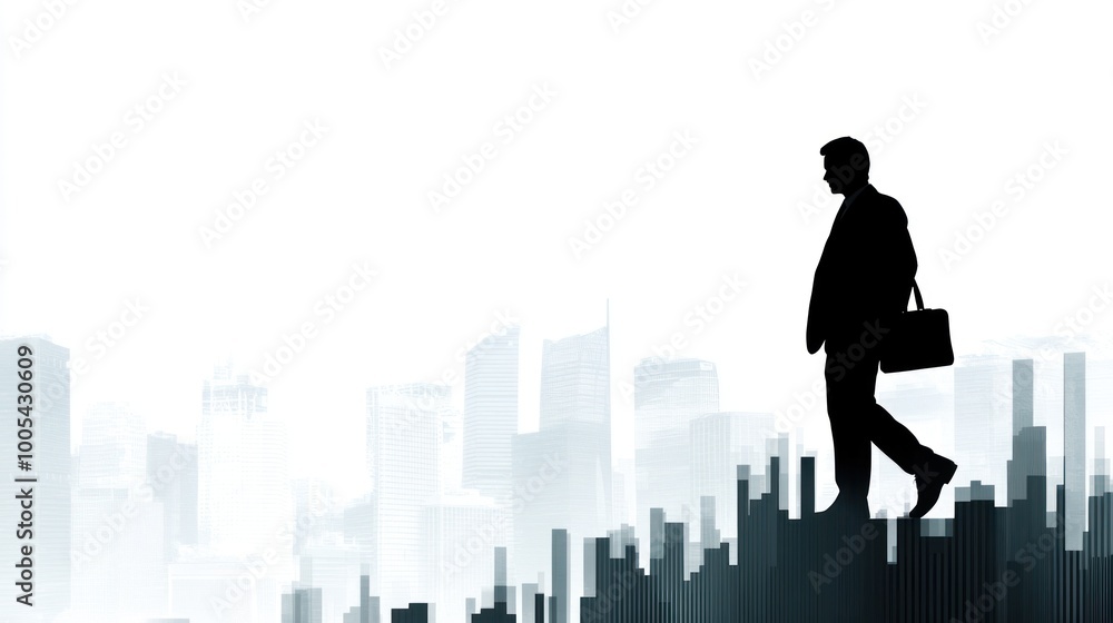 A silhouette of a businessman walking with a briefcase against a city skyline backdrop. A silhouette of a businessman walking with a briefcase against a city skyline backdrop.