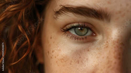 A close-up of a woman’s face, showcasing her perfectly even complexion and soft, glowing skin, framed by loose, natural curls. 8k UHD, suitable for high-quality printing or digital display. 