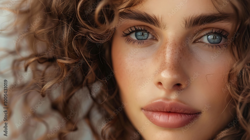 A close-up of a woman’s face, showcasing her perfectly even complexion and soft, glowing skin, framed by loose, natural curls. 8k UHD, suitable for high-quality printing or digital display. A close-up of a woman’s face, showcasing her perfectly even complexion and soft, glowing skin, framed by loose, natural curls. 8k UHD, suitable for high-quality printing or digital display.