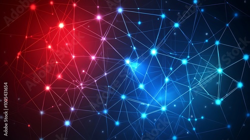 Abstract background with red and blue glowing dots connected by lines.