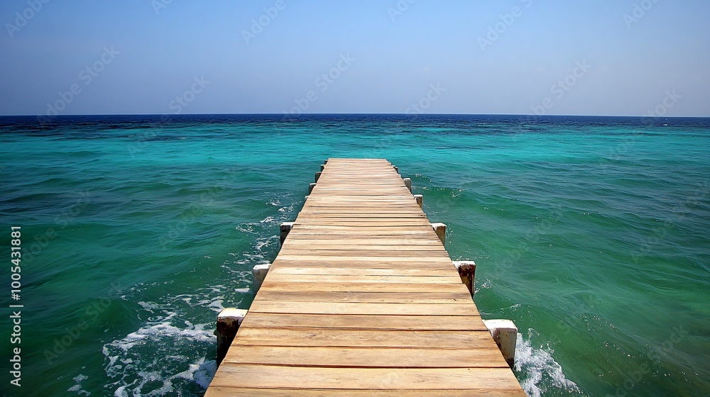 A wooden pier extends out into a turquoise sea under a clear blue sky.