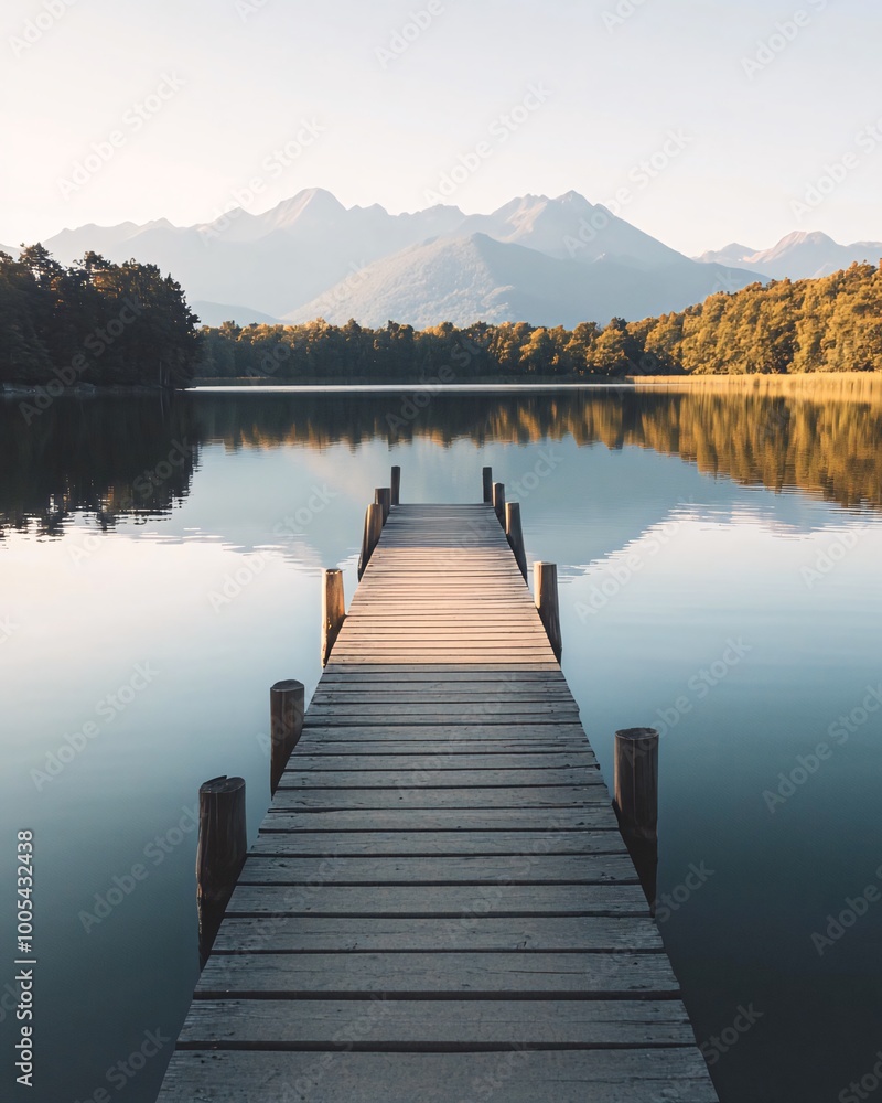 A wooden pier extends into a still lake with mountains in the background, bathed in the golden glow of sunrise. A wooden pier extends into a still lake with mountains in the background, bathed in the golden glow of sunrise.