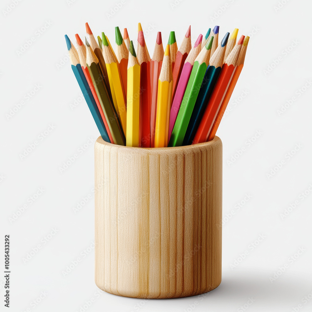 Set of colorful pencils in an elegant wooden holder isolated on a transparent background perfect for design and artrelated themes Set of colorful pencils in an elegant wooden holder isolated on a transparent background perfect for design and artrelated themes