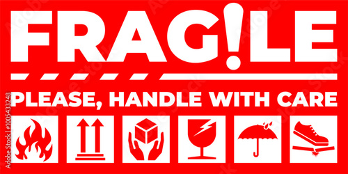 Vector Fargile Warning Red Sticker. This Way Up. Keep Dry. Handle With Care. Do Not Trample. Flammable