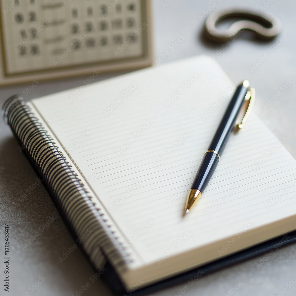 clean modern image of a notebook open to a blank page A pen is placed beside the notebook ready to write In the background a small delicate snake charm lies next to a calendar showing January 1st
