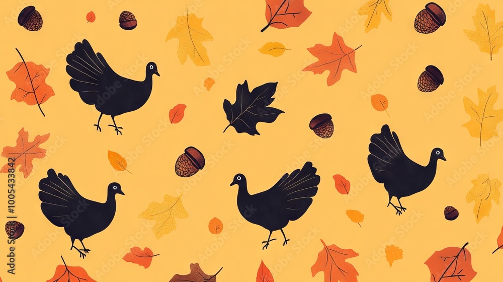 A pattern of turkeys and leaves on a yellow background A pattern of turkeys and leaves on a yellow background