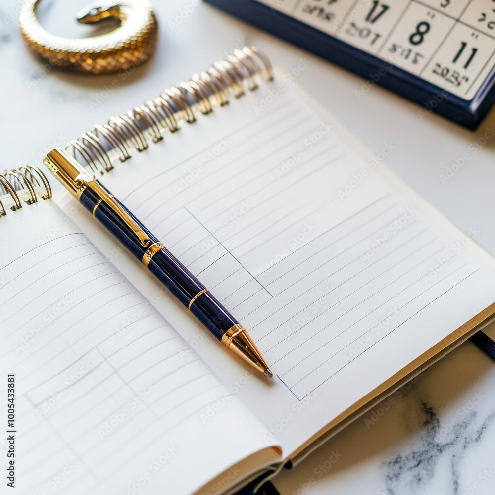 clean modern image of a notebook open to a blank page A pen is placed beside the notebook ready to write In the background a small delicate snake charm lies next to a calendar showing January 1st clean modern image of a notebook open to a blank page A pen is placed beside the notebook ready to write In the background a small delicate snake charm lies next to a calendar showing January 1st