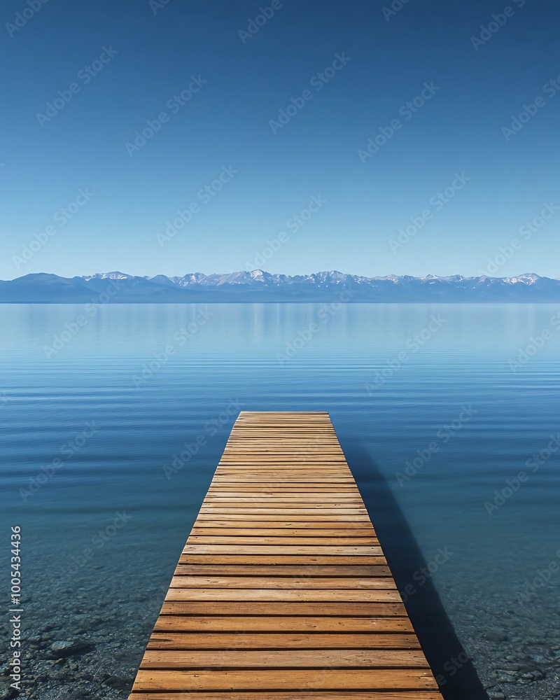 A wooden dock extends out into a calm lake with a mountain range in the background. A wooden dock extends out into a calm lake with a mountain range in the background.