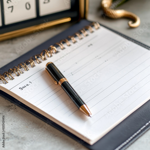 clean modern image of a notebook open to a blank page A pen is placed beside the notebook ready to write In the background a small delicate snake charm lies next to a calendar showing January 1st