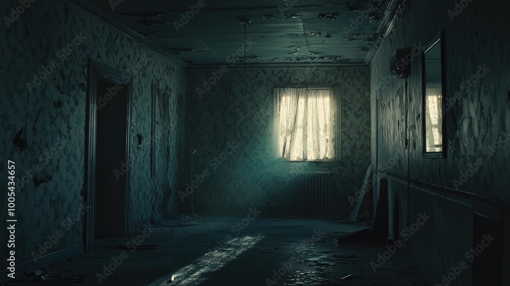 A hauntingly abandoned room with peeling walls, dim light filtering through a window, and an eerie atmosphere. A hauntingly abandoned room with peeling walls, dim light filtering through a window, and an eerie atmosphere.