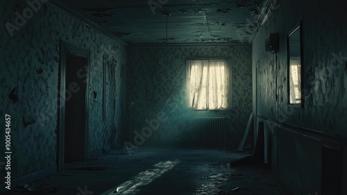 A hauntingly abandoned room with peeling walls, dim light filtering through a window, and an eerie atmosphere.