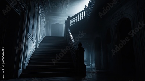 A hauntingly beautiful staircase illuminated by dramatic light, creating an eerie atmosphere in an abandoned building.