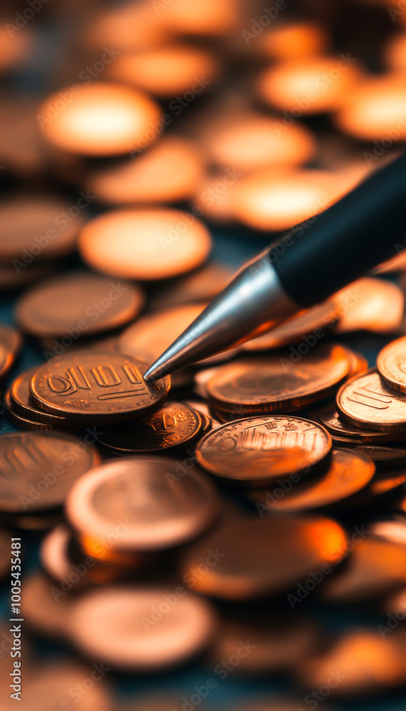 Coins and pen on a table, blurred background Coins and pen on a table, blurred background