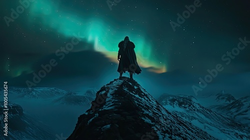 A lone figure stands atop a snowy mountain, gazing at the mesmerizing aurora borealis in the night sky.