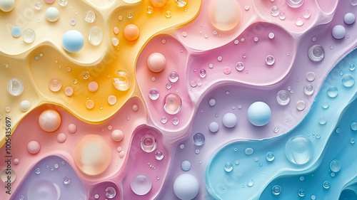 Colorful abstract design with flowing shapes and water droplets on a smooth surface