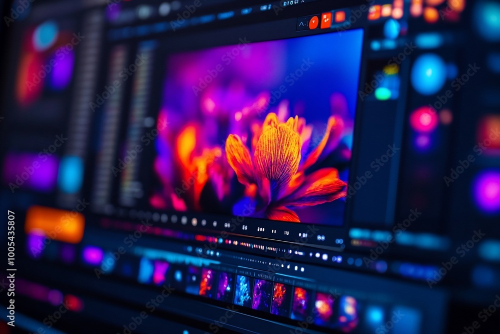 A computer screen displaying a close-up of a flower with a colorful background being edited with graphic design software. A computer screen displaying a close-up of a flower with a colorful background being edited with graphic design software.