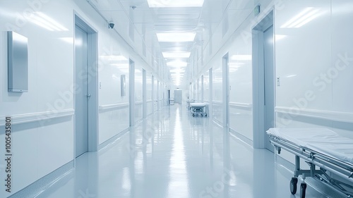 A long, sterile hospital corridor with bright lighting and medical equipment, showcasing a clean and professional healthcare environment.