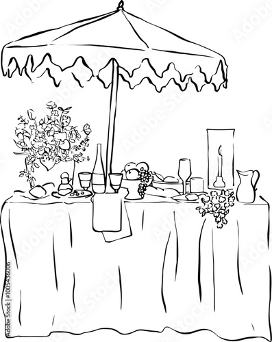 Ilustración vectorial de mesa de cena con velas, vino, fruta y platos. Dibujo a mano de cena. Ilustración minimalista. Ilustración para invitaciones, papelería, imprimibles, redes sociales.