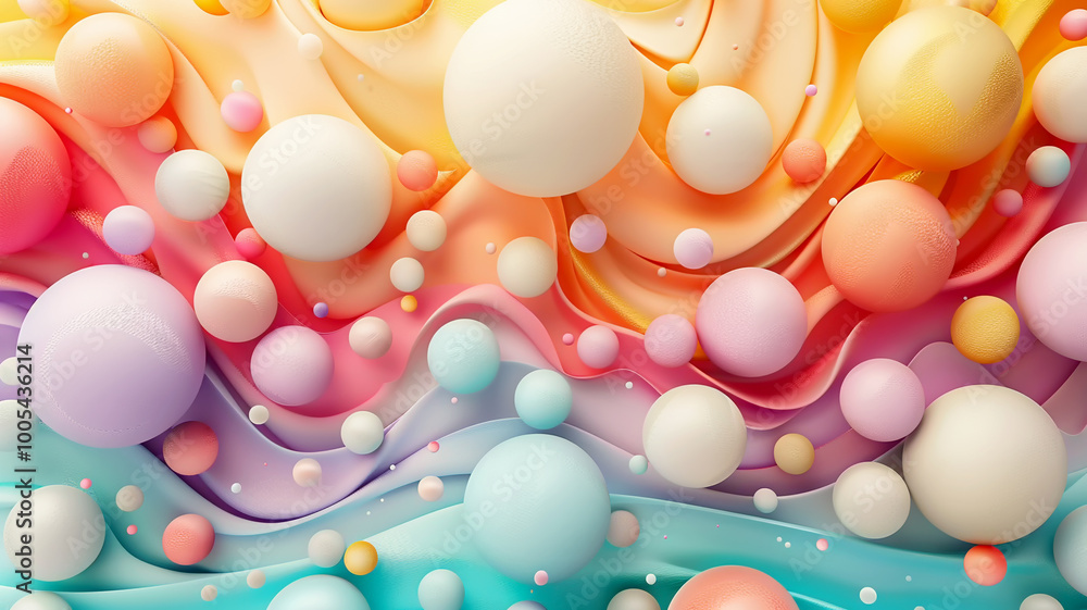 Colorful spheres floating over a smooth, wavy surface in a vibrant abstract composition Colorful spheres floating over a smooth, wavy surface in a vibrant abstract composition