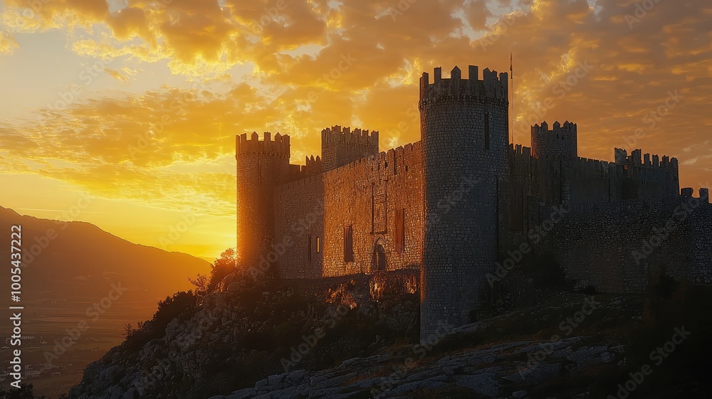 A majestic castle silhouette against a stunning sunset, highlighting its grandeur and historical significance. A majestic castle silhouette against a stunning sunset, highlighting its grandeur and historical significance.
