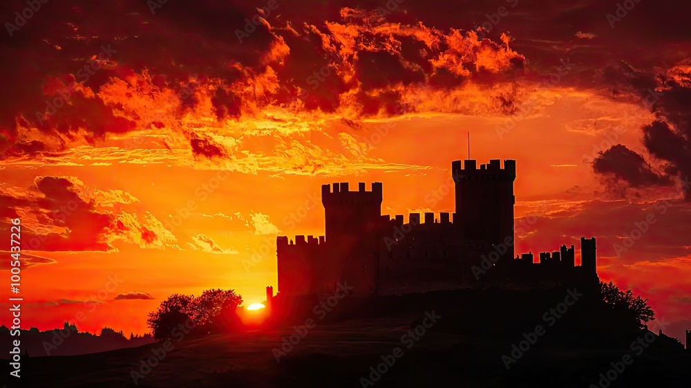Fototapeta premium A majestic castle silhouette against a vibrant sunset, showcasing rich colors and dramatic clouds in the evening sky.