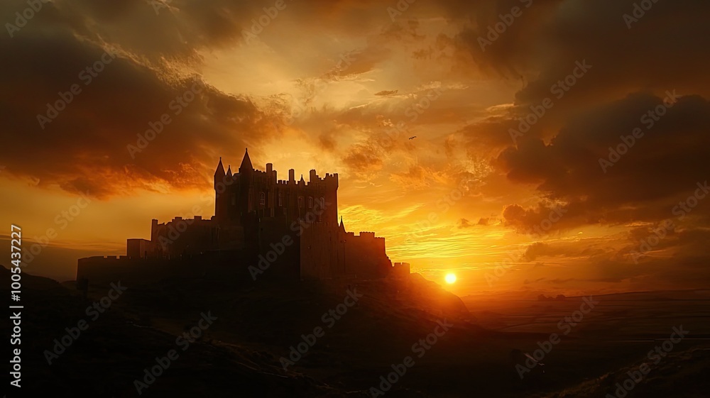 A majestic castle silhouette against a vibrant sunset, showcasing dramatic clouds and warm colors that evoke a sense of wonder. A majestic castle silhouette against a vibrant sunset, showcasing dramatic clouds and warm colors that evoke a sense of wonder.