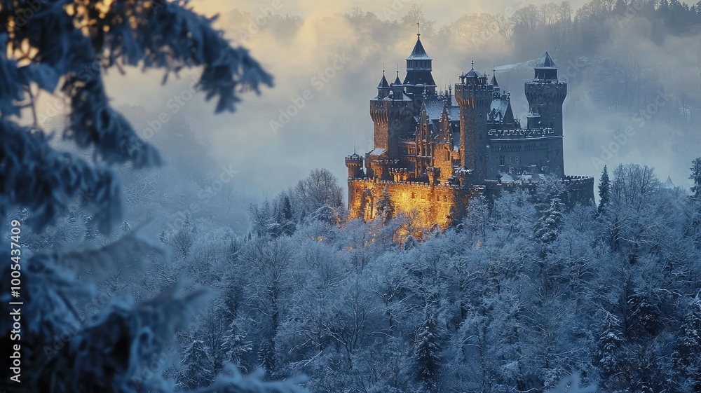 Fototapeta premium A majestic castle surrounded by snow-covered mountains, glowing in the winter twilight, evoking a sense of wonder and enchantment.