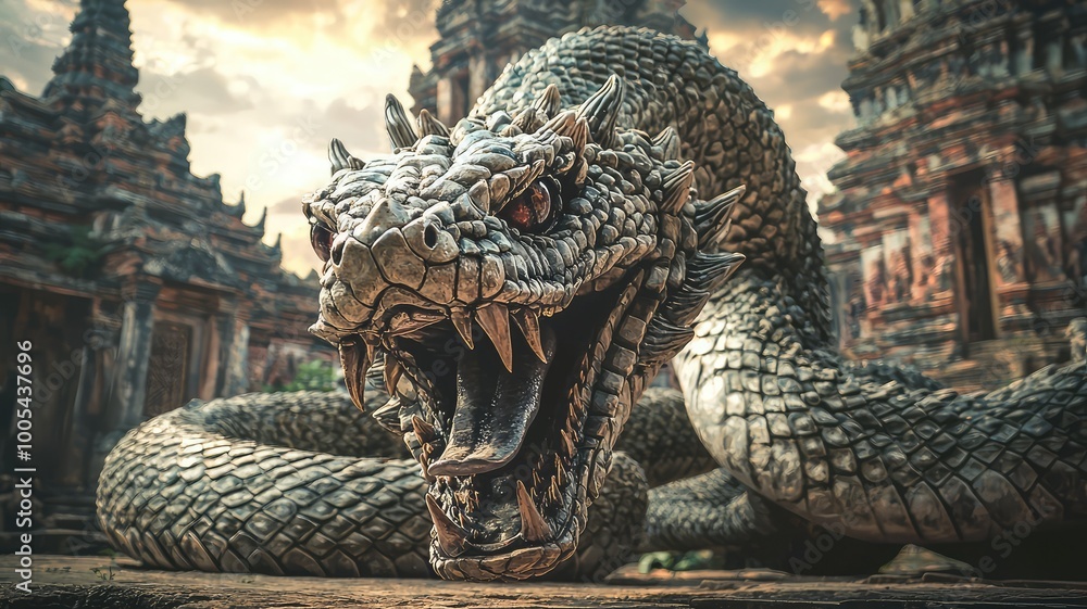 Fototapeta premium A majestic dragon sculpture coiled in an ancient temple, showcasing detailed craftsmanship amidst a mystical landscape.