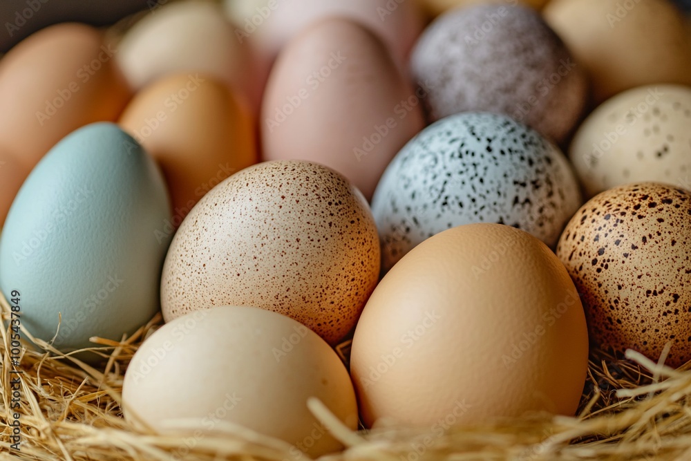 Close-up of a variety of colorful eggs in a nest.