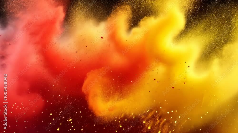 Red and yellow powder explodes against a dark background Red and yellow powder explodes against a dark background