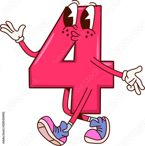 Math number four groovy character. Isolated cartoon vector whimsical funny digit 4 personage with googly eyes and limbs. Hilarious pink numeric symbol brings laughter to equations and education