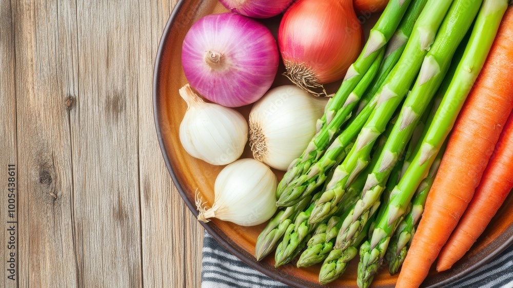 A vibrant assortment of fresh vegetables in a wooden bowl on a rustic table. A vibrant assortment of fresh vegetables in a wooden bowl on a rustic table.