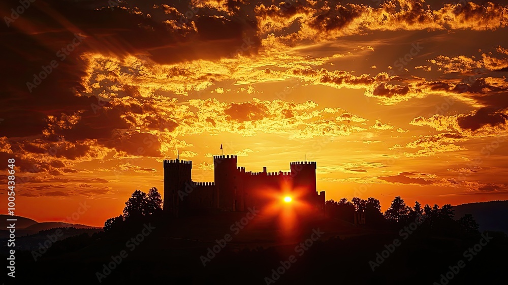 A majestic silhouette of a castle against a breathtaking sunset, showcasing vibrant colors and dramatic cloud formations. A majestic silhouette of a castle against a breathtaking sunset, showcasing vibrant colors and dramatic cloud formations.