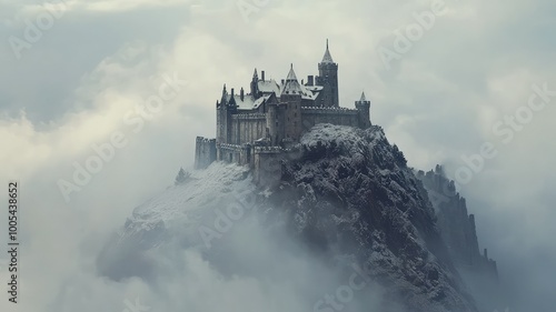 A majestic stone castle perched atop a snow-capped mountain peak, shrouded in mist and clouds. photo